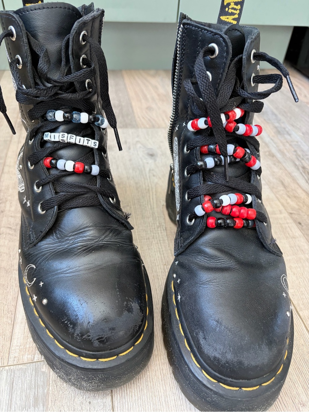 Dr. Martens Black Leather Combat Boots with Red, White & Black Bead Accents